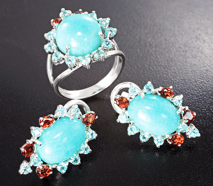 Серебро 925 Комплект с амазонитами 18,18 карата, альмандинами гранатами и апатитами