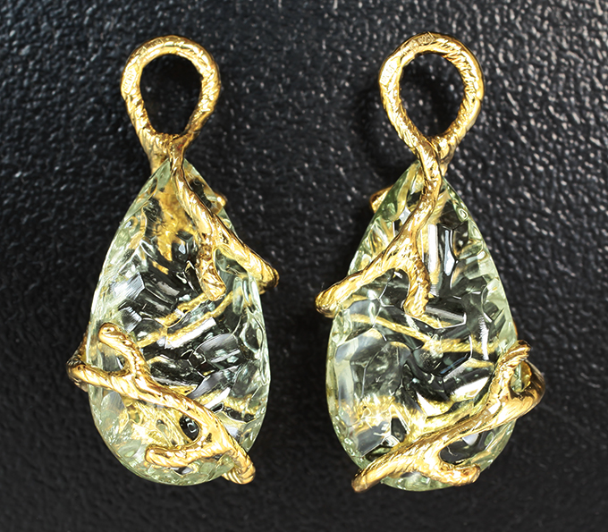 Золото Подвесы для серег с зелеными аметистами авторской огранки 16,42 карата