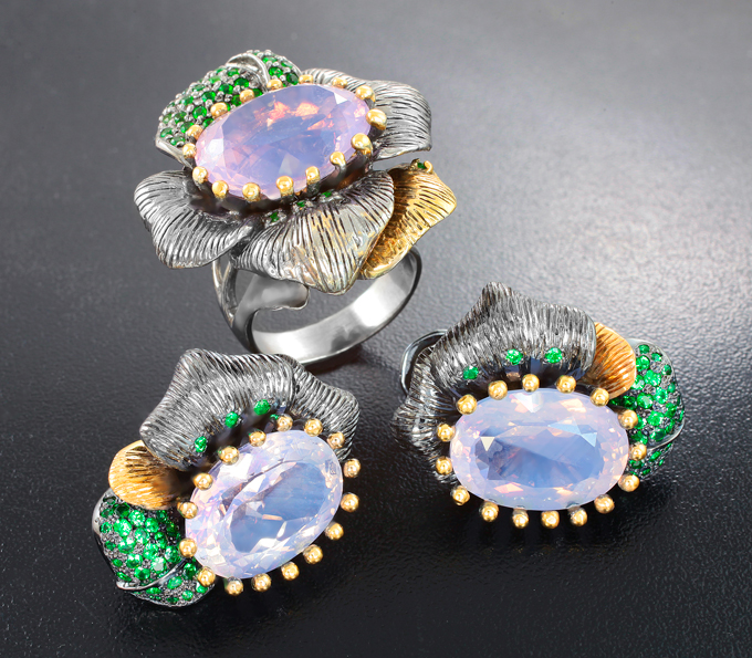 Серебро 925 Комплект с лавандовыми аметистами и цаворитами