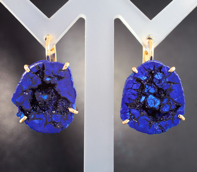 Золото Серьги с яркими друзами азурита 29,73 карата