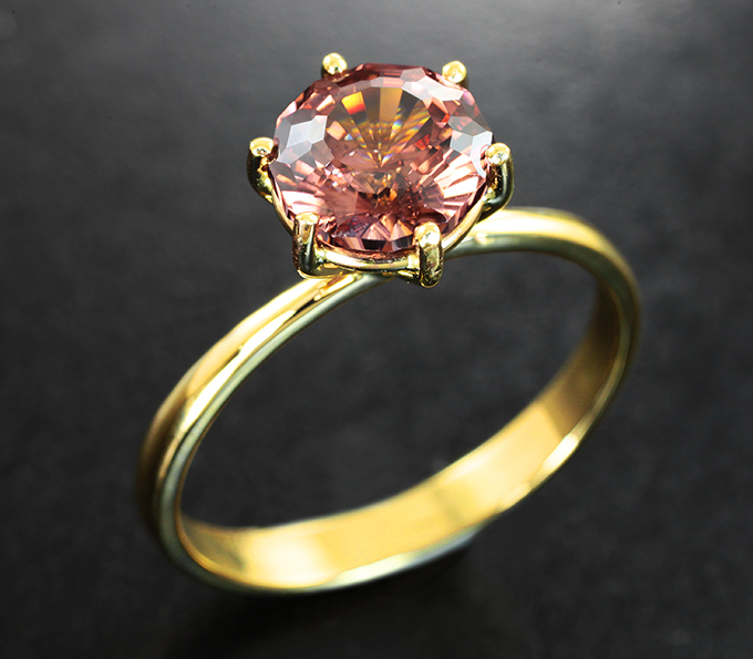 Золото Кольцо с цирконом падпараджа авторской огранки 2,53 карата