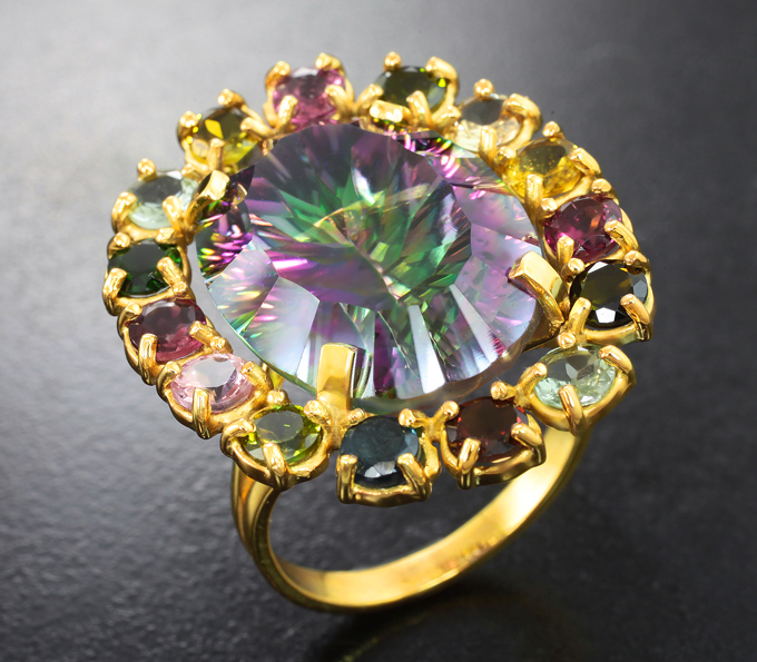 Серебро 925 Кольцо с мистическим кварцем и разноцветными турмалинами