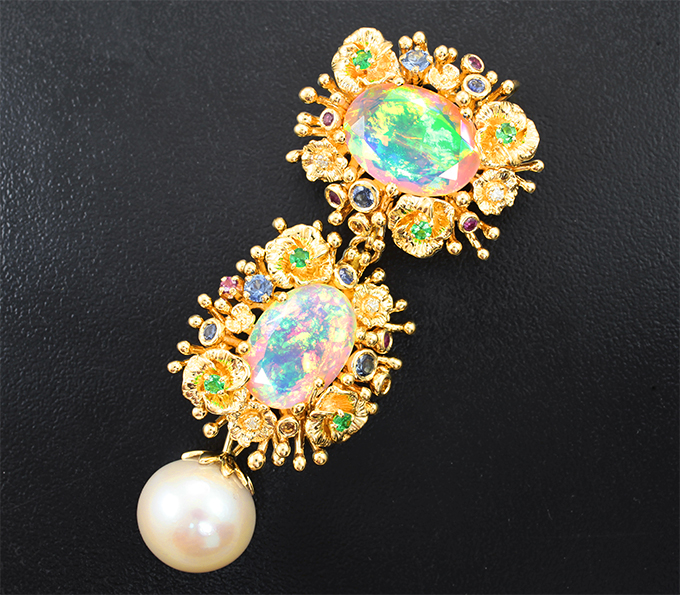 Золото Брошь/кулон с ограненными эфиопскими опалами 9,05 карата, морской жемчужиной барокко 14,04 карата, разноцветными сапфирами и бриллиантами