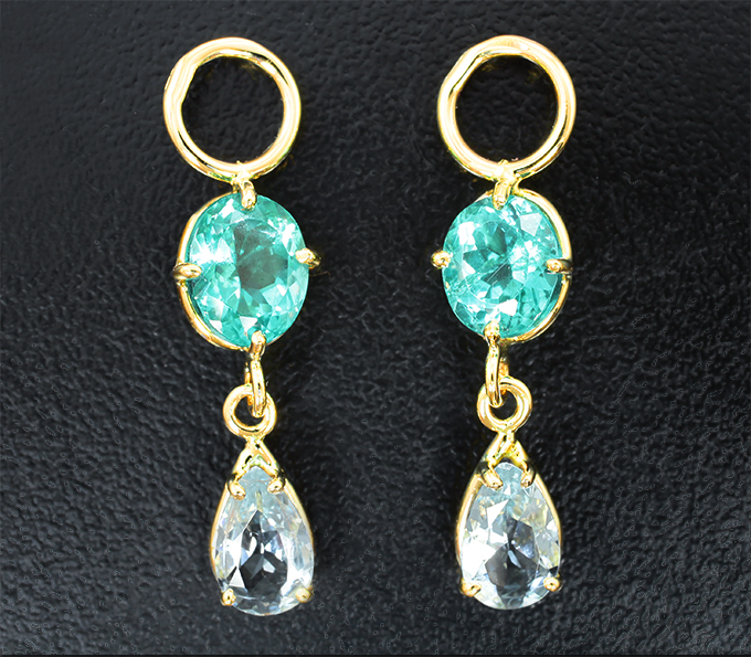 Золото Подвесы для серег с «неоновыми» апатитами 2,79 карата и аквамаринами 1,05 карата