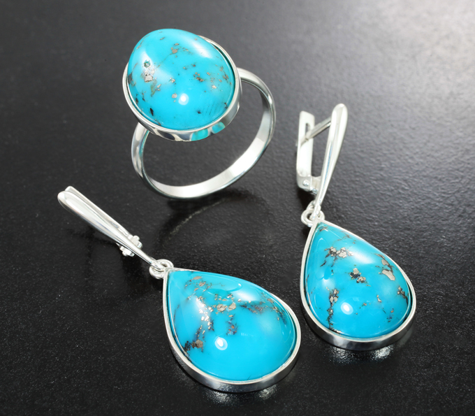 Серебро 925 Комплект с кабошонами армянской бирюзы с включением пирита 31,68 карата