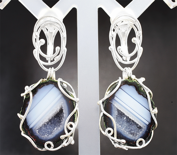 Серебро 925 Серьги с симметричными друзами агата 56,46 карата