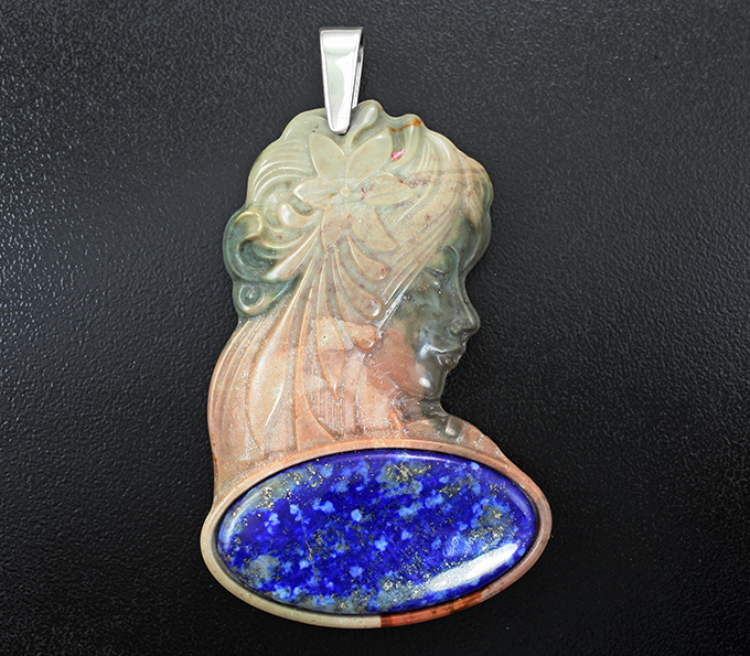 Серебро 925 Камея-подвеска «Нимфа» из цельной яшмы с лазуритом