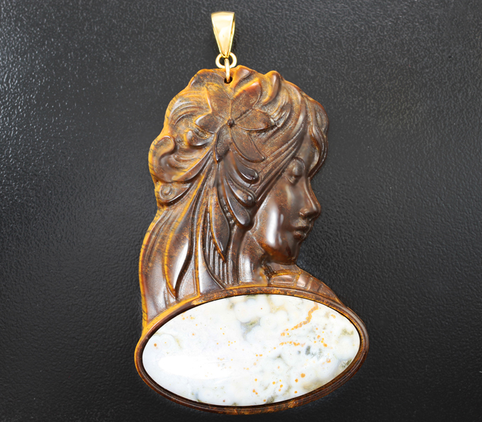 Золото Камея-подвеска «Нимфа» из резного тигрового глаза и яшмы