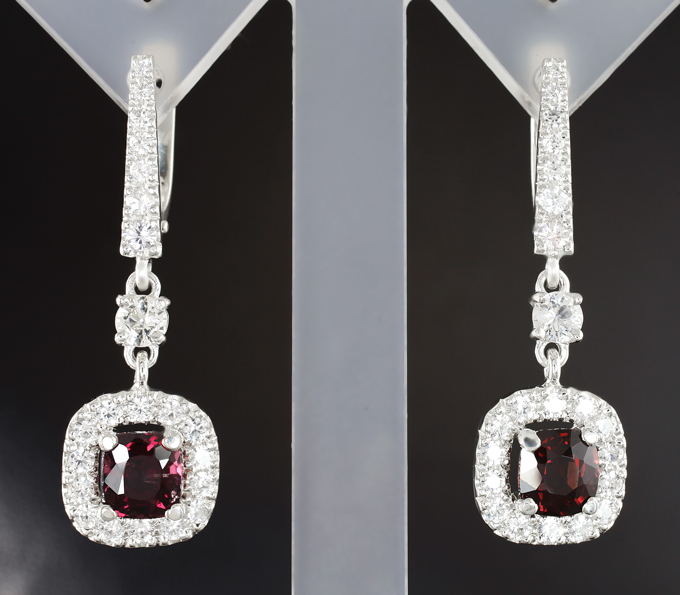 Серебро 925 Серьги с красными шпинелями 2,3 карата и бесцветными цирконами 