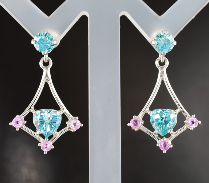 Серебро 925 Серьги с голубыми муассанитами 3,03 карата и розовыми сапфирами