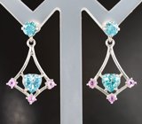 Серьги с голубыми муассанитами 3,03 карата и розовыми сапфирами Серебро 925
