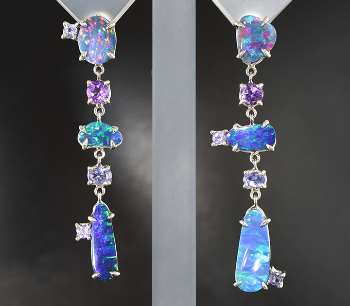 Серебро 925 Серьги с австралийскими дублет опалами, аметистами и танзанитами