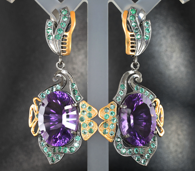 Серебро 925 Серьги с аметистами лазерной огранки 35,68 карата и изумрудами