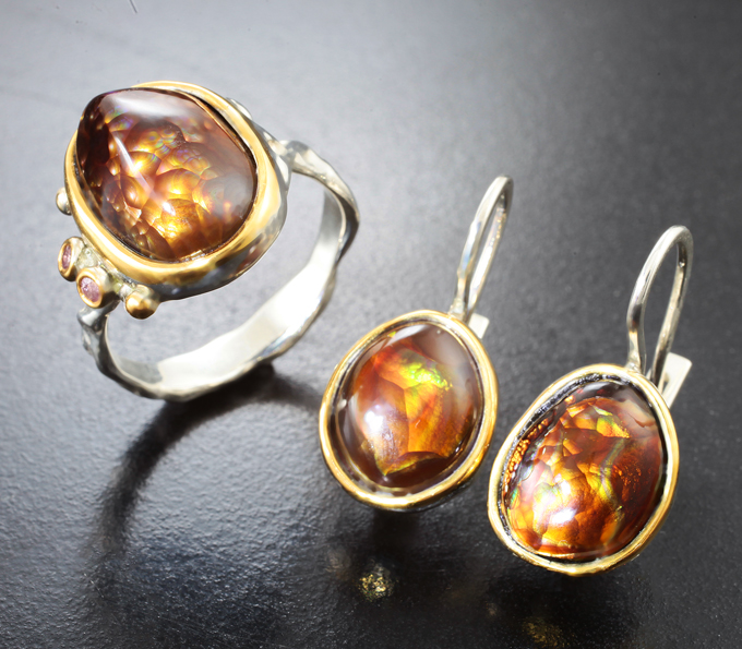 Серебро 925 Комплект с мексиканским огненным агатом 21,52 карата и розовым сапфирами