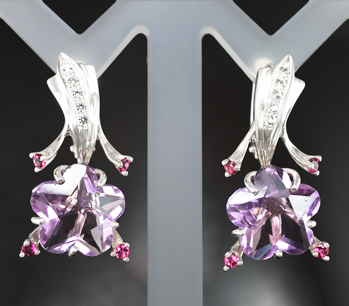 Серебро 925 Серьги с аметистами авторской огранки 13,74 карата и сапфирами