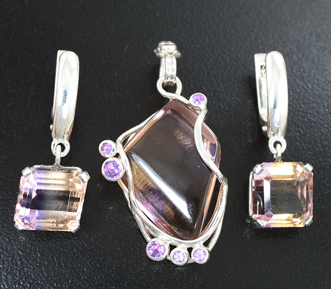 Серебро 925 Комплект с аметринами 36,37 карата и аметистами