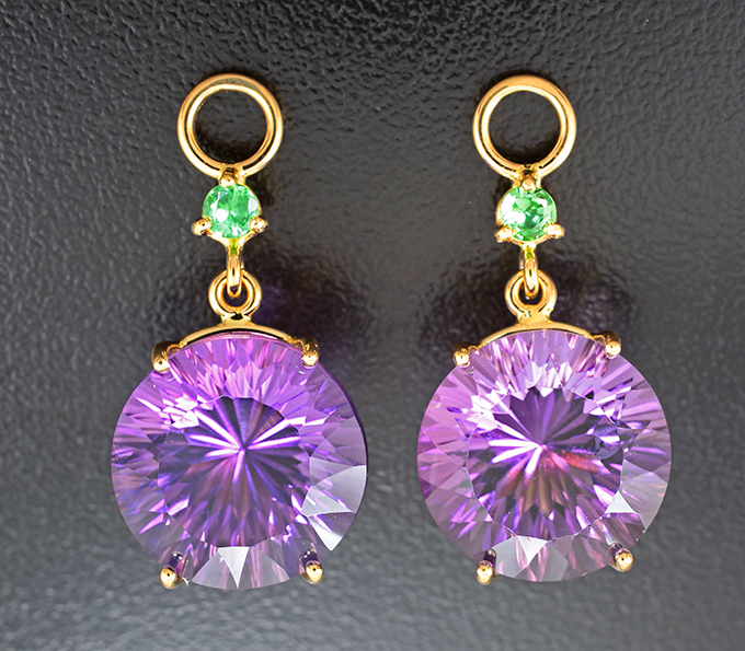 Золото Подвесы для серег с аметистами лазерной огранки 21,08 карата и цаворитами