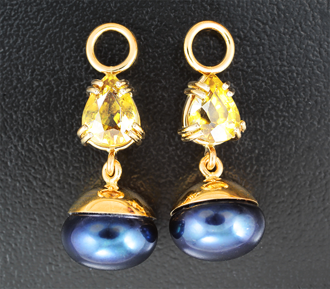 Золото Подвесы для серег с желтыми сфенами 2,84 карата и цветным морским жемчугом 11,44 карата
