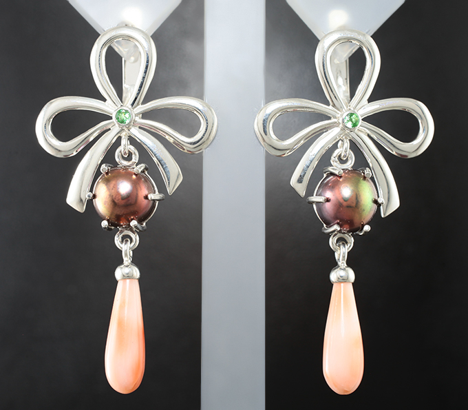 Серебро 925 Серьги с цветным морским жемчугом 5,88 карата, solid коралами 5,06 карата и цаворитами