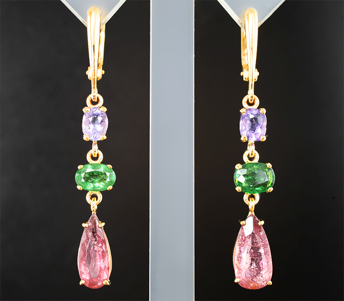 Золото Серьги с хакманитами, цаворитами, рубеллитом и розовым турмалином