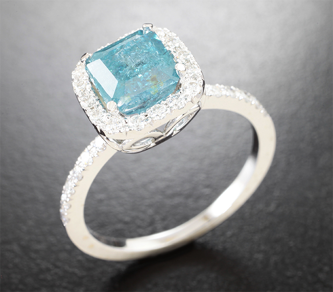 Золото Кольцо с неоново-голубым турмалином и муассанитами