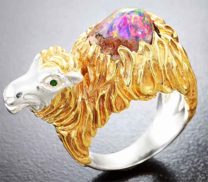 Серебро 925 Кольцо с кабошоном опала 9,92 карата и цаворитами