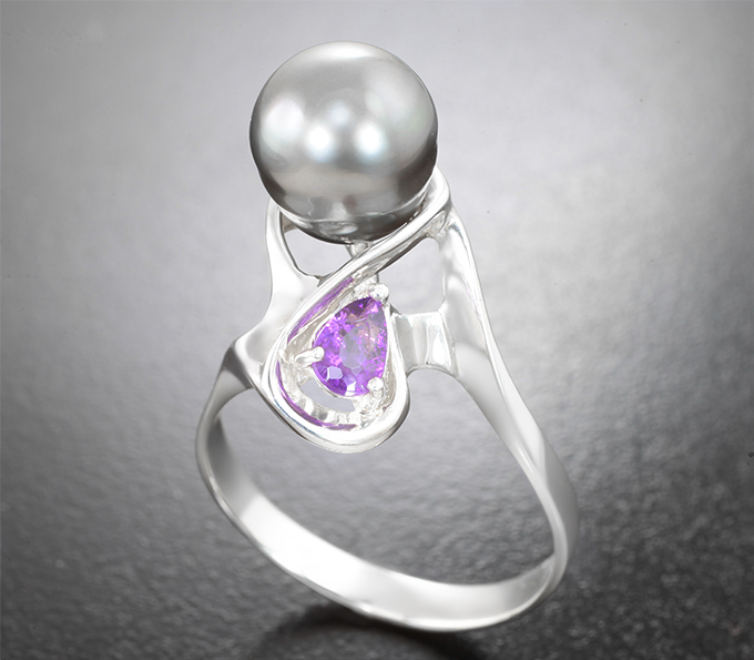 Серебро 925 Кольцо с жемчужиной барокко 7,32 карата и редким ограненным хакманитом