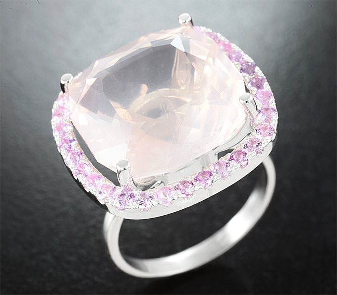 Серебро 925 Кольцо с розовым кварцем авторской огранки 15,98 карата и розовыми сапфирами