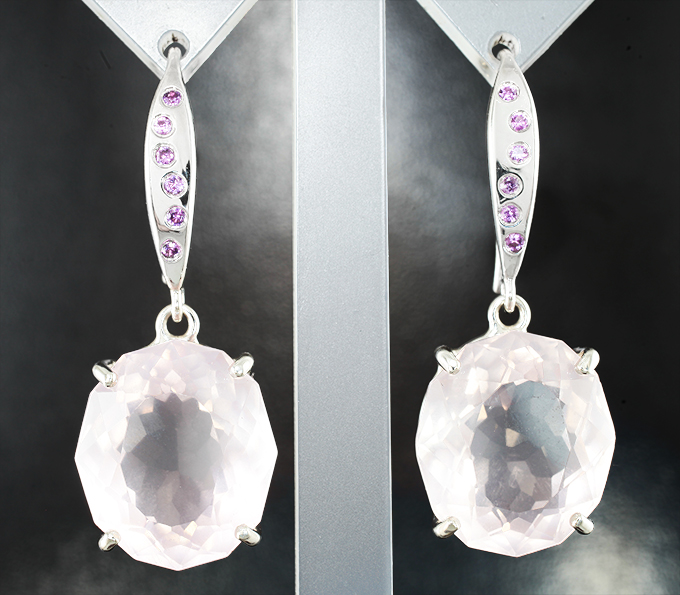 Серебро 925 Серьги с розовым кварцем 37,76 карата и сапфирами
