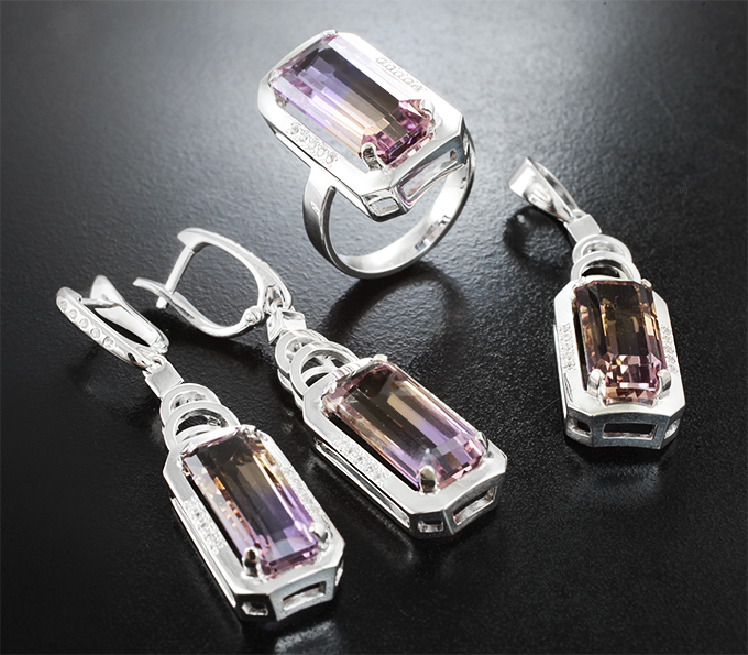 Серебро 925 Комплект с аметринами и бесцветными сапфирами