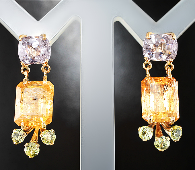 Золото Золотые серьги с пурпурными шпинелями 3,71 карата, империал топазами и мали гранатами