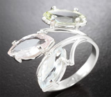 Кольцо с гелиодором высокой чистоты 1,65 карата, пастельно-розовым морганитом 1,95 карата и аквамарином 1,38 карата