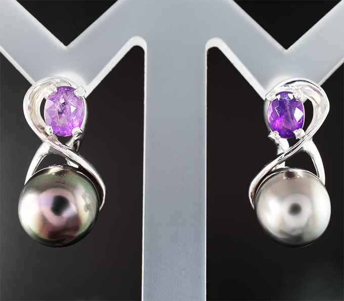 Серебро 925 Серьги с цветным морским жемчугом 13,72 карата и ограненными хакманитами 1,01 карата