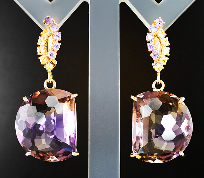 Золото Серьги с аметринами авторской огранки 29,29 карата, цитринами и аметистами