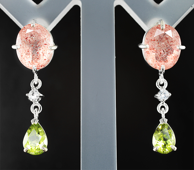Серебро 925 Серьги с земляничным кварцем 5,34 карата, перидотами и лейкосапфирами