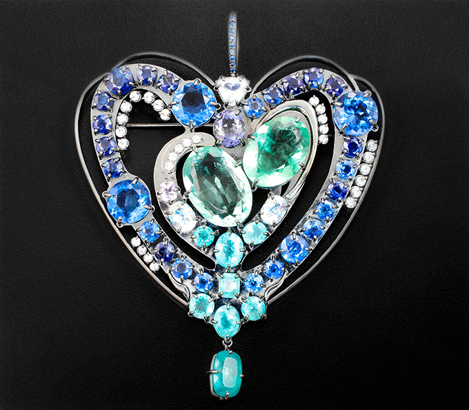 Серебро 925 Брошь/кулон с лунным камнем, «неоновыми» апатитами, флюоритами, кианитами, иолитом, бесцветными цирконами, лавандовым и синими сапфирами