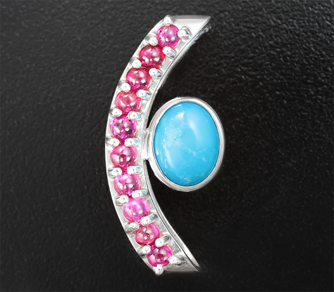 Серебро 925 Кулон с кабошоном армянской бирюзы 2,45 карата и рубинами 1,57 карата