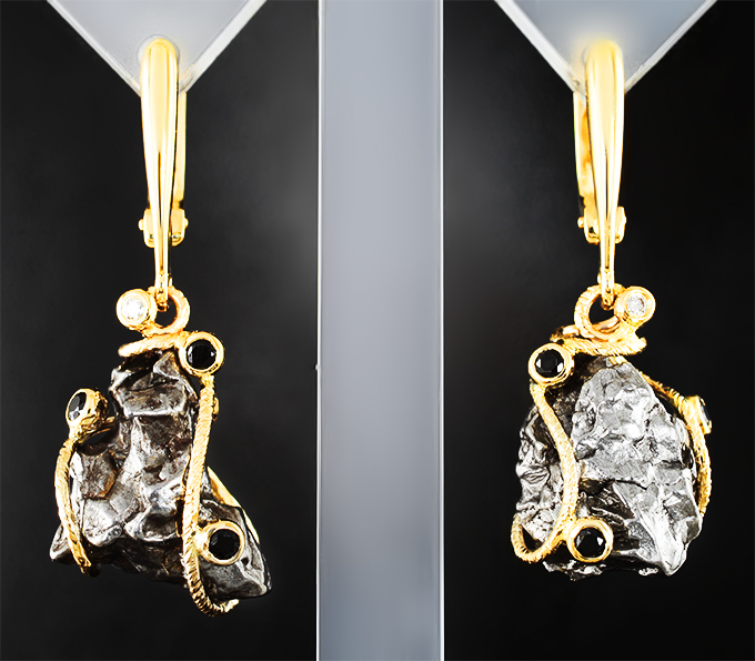 Золото Серьги с осколками Сихоте-Алинского метеорита 50,34 карата, черными шпинелями и бриллиантами