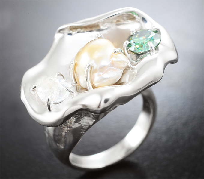 Серебро 925 Кольцо с зеленым муассанитом высокой чистоты 1 карат, жемчужиной Keshi 5 карат и ограненным лунным камнем 0,84 карата