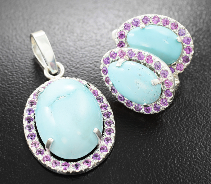 Серебро 925 Комплект с кабошонами армянской бирюзы 11,83 карата и сапфирами