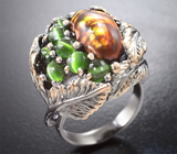 Кольцо с мексиканским огненным агатом 5,06 карата и диопсидами с эффектом кошачьего глаза 2,49 карата