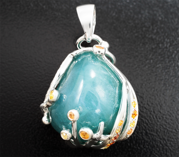 Серебро 925 Кулон с крупным грандидьеритом 38,97 карата, желтыми и оранжевыми сапфирами