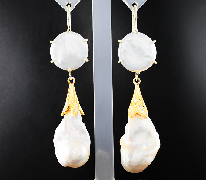 Серебро 925 Серьги с морским жемчугом барокко 69,58 карата и лейкосапфирами