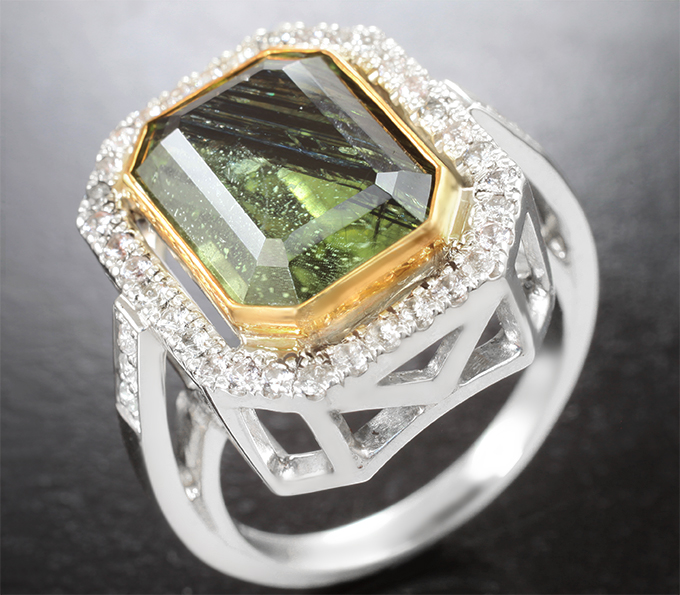 Серебро 925 Кольцо с перидотом с рутилом 7,96 карата и лейкосапфирами