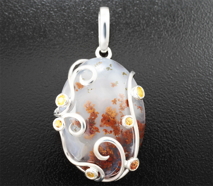 Серебро 925 Кулон с дендритическим агатом 25,21 карата, желтыми и оранжевыми сапфирами