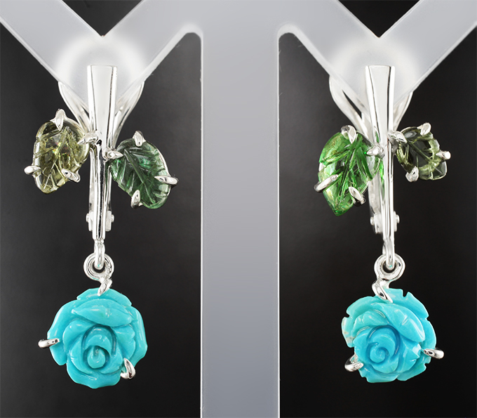 Серебро 925 Серьги с резной бирюзой 2,97 карата и турмалинами