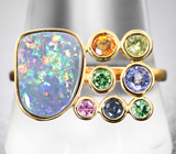 Кольцо с австралийским solid опалом 2,02 карата, разноцветными сапфирами и цаворитами гранатами Золото