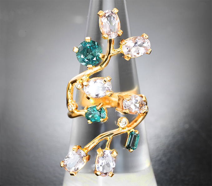 Кольцо с грандидьеритами 1,1 карата, морганитами и бриллиантами