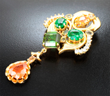 Брошь с зеленым апатитом авторской огранки 4,39 карата, спессартинами гранатами 5,47 карата, цаворитами гранатами 3,79 карата, разноцветными и бесцветными сапфирам Серебро 925