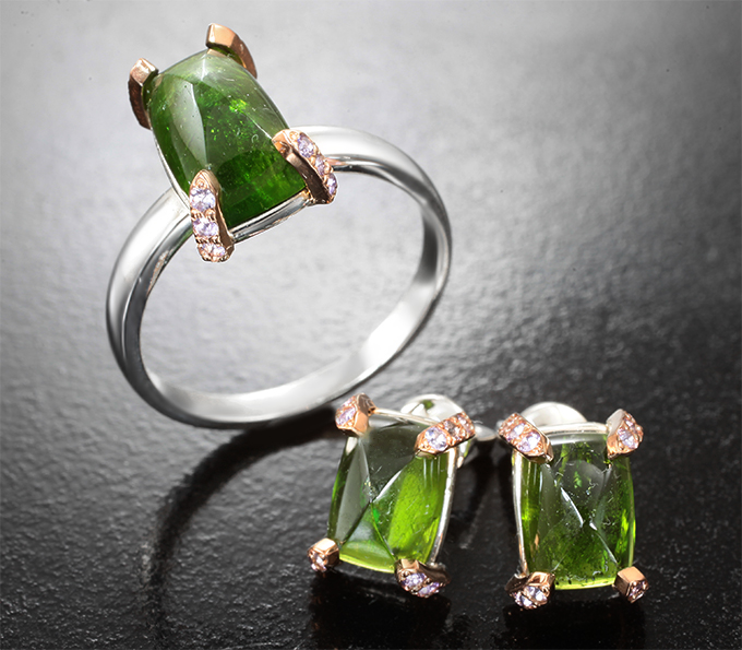 Серебро 925 Комплект с уральскими диопсидами 7,36 карата и аметистами